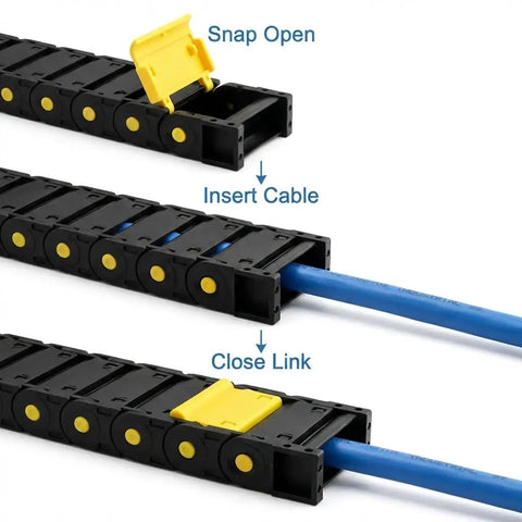 Enclosed Cable Drag Chain 25 By 77 Millimeters, 4 Pack, 1 Meter Long, Flexible Wire Carrier showing snap open link with cable inserted