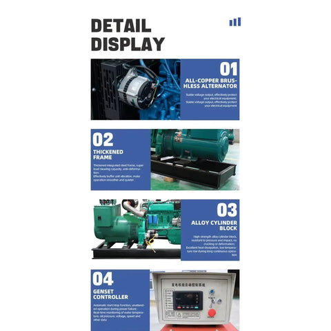 Detail display of High Output Generator Set For Rock Solid Backup Power showing alternator, frame, cylinder block, and controller.