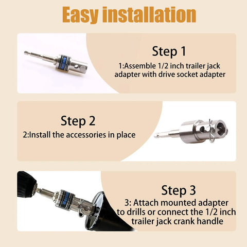 Step-by-step instructions for Built Tough Heavy Duty Stainless Steel Trailer Jack Crank Handle Power Drill Adapter Assembly.