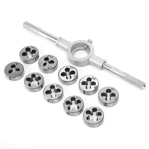 Horett Screw Thread Tap Die Set Hand Tool Kit With CNC Machined 60 Hrc Bearing Steel Fine Taper For Precise Manual Threading And Heavy Duty Repair Jobs That Really Pop Off, M6-M12 dies and holder