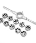 Precision Hand Screw Tap And Die Set For M6 To M12 Threads Featuring Heat Treated Industrial Bearing Steel, CNC Machined Cutting Teeth, Heavy Duty Socket Wrench For Rigorous Mechanical Fabrication Projects And Pro Level External Thread Cutting Work. M6-M12 tap and die set with wrench