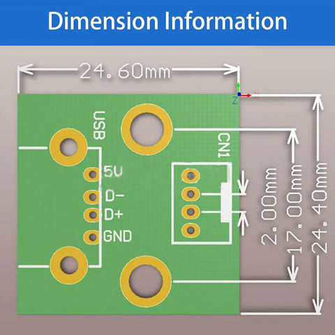 USB 2.0 Female To PH 2.0 Pitch Terminal Adapter Board 5 Pack dimensional details on green PCB indicating measurements