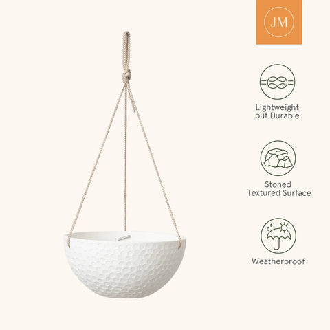 Two Pack 10 Inch Hanging Planters With White Honeycomb Design For Indoor And Outdoor Use, lightweight, durable, weatherproof pot.