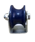 EoxinDm U-groove roller wheel on silver mounting bracket, blue cast-iron, 70mm.