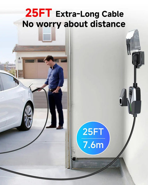 Man using Tesla Level 2 EV Charger 32 Amp 240V NEMA 14-50 with 25ft cable to charge electric car in garage.