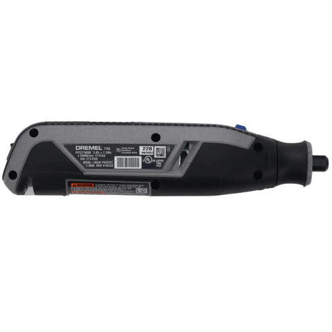 Pro Level Cordless Rotary Tool Kit Featuring Variable Speed 4 Volt Rechargeable Battery, side view with details.