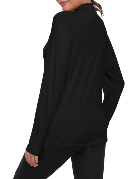 Back view of Women's Long Sleeve Quarter Zip Stand Collar Athletic Shirt With Moisture Wicking Tech For Golf Tennis Training Black XL