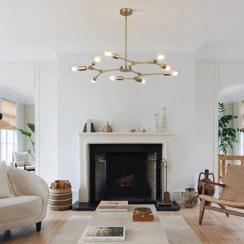 Lit Brushed Brass Sputnik Chandelier With Adjustable Hanging Arms Industrial Flush Mount Ceiling Light Fixture in living room