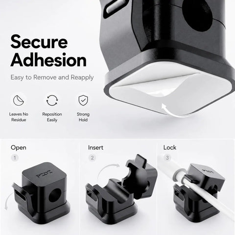 Six Pack Cable Organizer Clips With No Residue Adhesive For Desk Or Car And Home Office showing adhesive and usage.