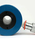 TEMCo HC0003 hollow hydraulic cylinder ram; side view, blue end plate with central bore, red connector