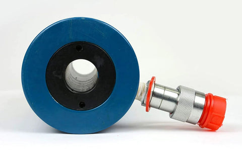 TEMCo HC0003 hollow hydraulic cylinder ram; side view, blue end plate with central bore, red connector