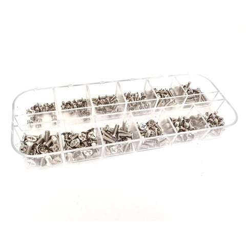 Top Notch Laptop Screws Assortment Kit Holding 240 Pieces Across 12 Compact Sizes With M2 M2.5 And M3 Bits in a clear organizer.