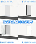 Installation steps for 14 By 29 Aluminum Access Panel For Drywall Walls And Ceilings showing how to mark, cut, insert, and secure.