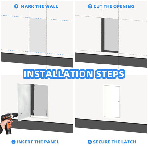 Installation steps for 14 By 29 Aluminum Access Panel For Drywall Walls And Ceilings showing how to mark, cut, insert, and secure.