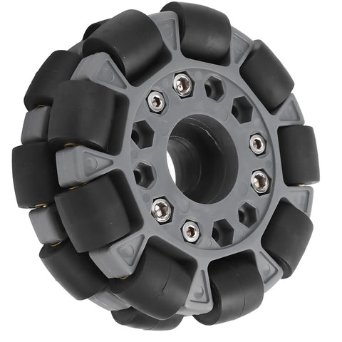 Front view of a 100mm double plastic omnidirectional robot wheel with rubber rollers and gray hub