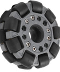 AUHX 100mm omni wheel with gray hub and black roller blocks, close-up view for 360° robot rotation