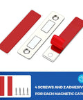 Rust Resistant Stainless Steel Magnetic Door Catch Set 6 Pack With Adhesive Cabinet Magnets shown with adhesive strips and screws