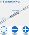3 in 1 screwdriver set with hex socket, slotted bit, and Phillips bit from All In One Magnetic Eyeglasses Repair Kit With Precision Screwdrivers