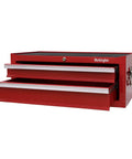 Industrial Two Drawer Portable On The Go Metal Tool Chest Cabinet 26 Inch Wide Middle Box with Ball Bearing Drawer Slides Central Cam Lock Steel Tool Storage Organizer Red, showing two open drawers and handle.