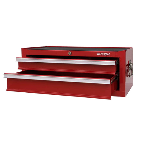 Industrial Two Drawer Portable On The Go Metal Tool Chest Cabinet 26 Inch Wide Middle Box with Ball Bearing Drawer Slides Central Cam Lock Steel Tool Storage Organizer Red, showing two open drawers and handle.