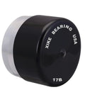Close-up of a Four Pack 70017 Bra Model 17B Cap Replacement for Bearing Buddy Protectors, black with white text, fits 1781 and 1810.