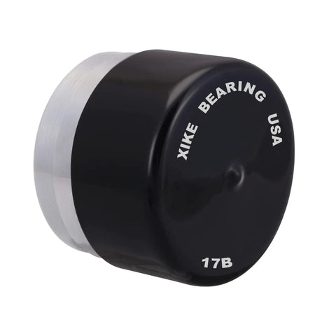 Close-up of a Four Pack 70017 Bra Model 17B Cap Replacement for Bearing Buddy Protectors, black with white text, fits 1781 and 1810.