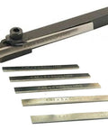Front view of mini lathe parting tool holder with 6 HSS blades, 8mm shank