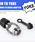 Scuba Regulator DIN To Yoke Adapter with dust cap, chrome brass construction, shown with conversion setup.