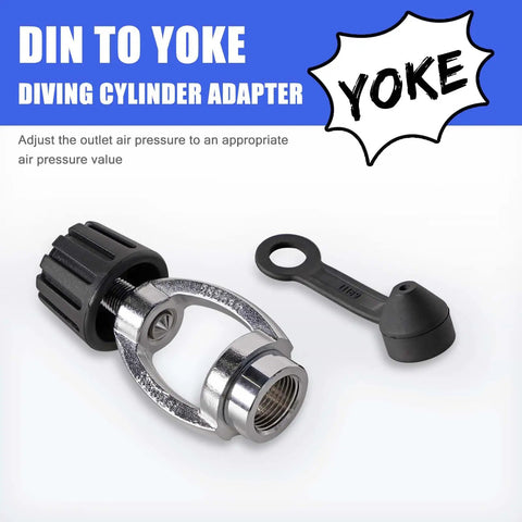 Scuba Regulator DIN To Yoke Adapter with dust cap, chrome brass construction, shown with conversion setup.