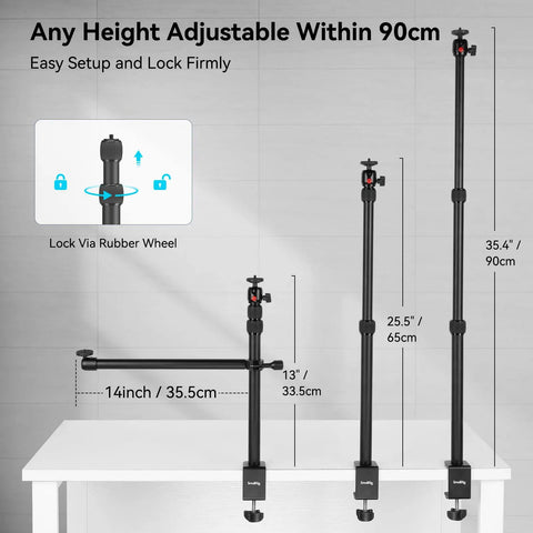 Desk Mount Camera Stand With Magic Arm And One Quarter Inch Ball Head Adjustable 13 To 35 Inch Light Stand Tabletop C Clamp setup