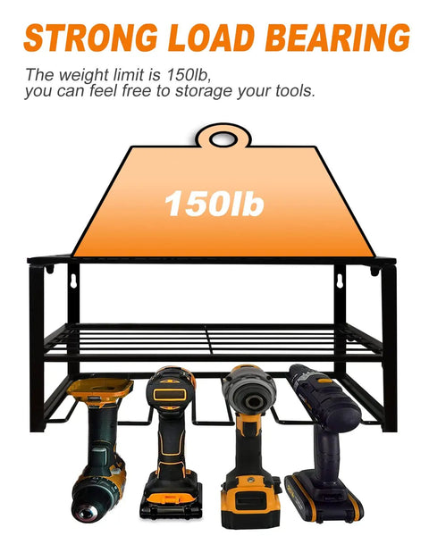 Power Tool Organizer Wall Mount Heavy Duty Floating Shelf For Drill And Screwdriver 150lb Capacity Easy Install Garage Storage Rack Utility Holder Perfect Gift For Fathers Day with drills displayed below.