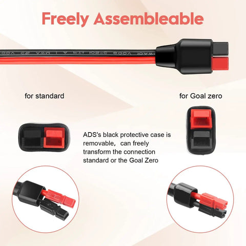 Freely assembleable 10AWG solar panel cable connector kit with beefy copper wire 1.6 ft extension, compatible with Anderson connector.