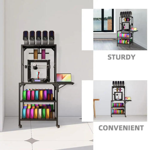 Solid As A Rock 4 Tier Rolling 3D Printer Stand With Hella Spacious Spool Storage, showcasing spools, printer, and workspace.