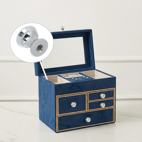 Super Sparkle 16-Pack Crystal Glass Cabinet Knobs With Shiny Aluminum Bases shown on a jewelry box with drawers.