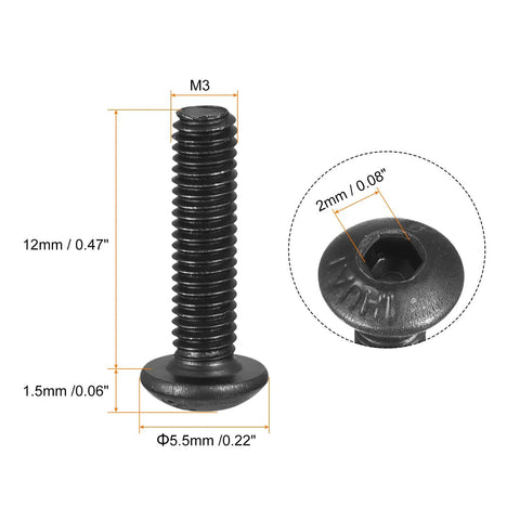 Built Tough M3 x 12 mm Hex Socket Button Head Cap Screws Grade 12.9 Alloy Steel Fasteners dimensions and details