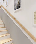 Quality Natural Wood Staircase Handrail Featuring Hella Secure Non Slip Grip Heavy Duty Wall Mount Railing Built For Indoor Outdoor Deck And Garden Quick Diy Install Kit on a modern staircase.