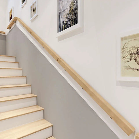 Quality Natural Wood Staircase Handrail Featuring Hella Secure Non Slip Grip Heavy Duty Wall Mount Railing Built For Indoor Outdoor Deck And Garden Quick Diy Install Kit on a modern staircase.