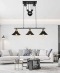 Three Light Pulley Pendant Island Light With Industrial Vintage Rustic Vibe above modern living room