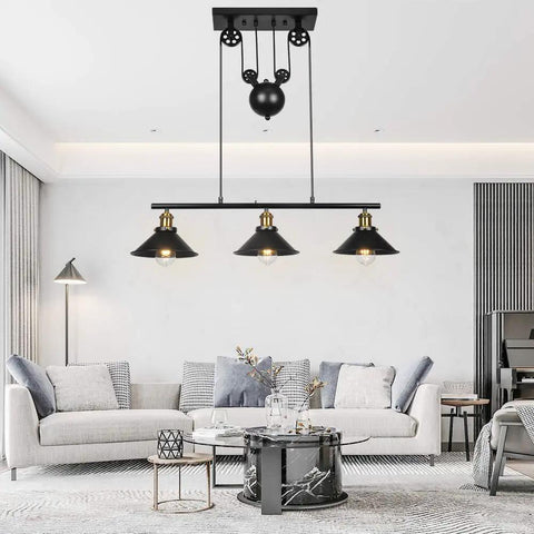 Three Light Pulley Pendant Island Light With Industrial Vintage Rustic Vibe above modern living room