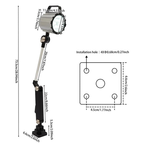 Heavy Duty 18W Led Work Light With Adjustable Multi Joint Arm Machine Lamp For Lathe Cnc Milling Drill Press And Workbench dimensions diagram