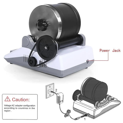 Lit Rock Polisher Kit For Gem Making, Electric Tumbler With Timing Buttons, showing power jack and setup diagram
