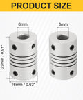 Image showing 4 Pack Flexible Shaft Couplings 6mm to 6mm Aluminum Alloy Joint Connectors, 16mm diameter, 23mm length, with measurements.