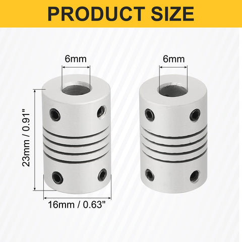 Image showing 4 Pack Flexible Shaft Couplings 6mm to 6mm Aluminum Alloy Joint Connectors, 16mm diameter, 23mm length, with measurements.