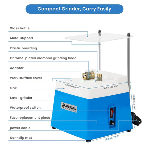 Stained Glass Grinder Kit With Diamond Grinding Bits Five Eighth Inch And One Inch For Precise Shaping, Compact Pro Grade DIY Glass Art Tool For Details And Clean Edges, compact grinder with parts labeled
