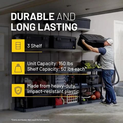 Tough As Nails Three Shelf Plastic Storage Rack With Heavy Duty Impact Resistant Frame And One Fifty Pound Load Capacity Perfect For Zero Hassle Garage Or Pantry Setup in a garage with tools stored.
