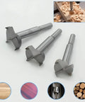 Heavy Duty Forstner Bit Set With Carbide Tips And High Speed Steel Shank, three drill bits on white background.