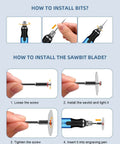 Instructions for installing bits and sawbit blade on Wireless Engraving Pen Kit With 34 Bits 3 Speed Control Two Part Collet Lock