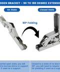 Tough As Nails 4 Pack 90 Degree Folding Hinges Nickel Plated Steel Cabinet Hardware shown in open and closed states.