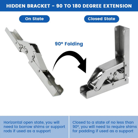 Tough As Nails 4 Pack 90 Degree Folding Hinges Nickel Plated Steel Cabinet Hardware shown in open and closed states.