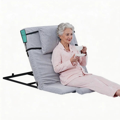 Sturdy Greenlemon Electric Bed Backrest Lifter With Remote Adjustable Support For Heavy Duty Use Up To 300 Pounds Load Capacity Flexible Angle Settings From Four To Sixty Eight Degrees Perfect For Relaxing Or Reading in gray fabric with user.